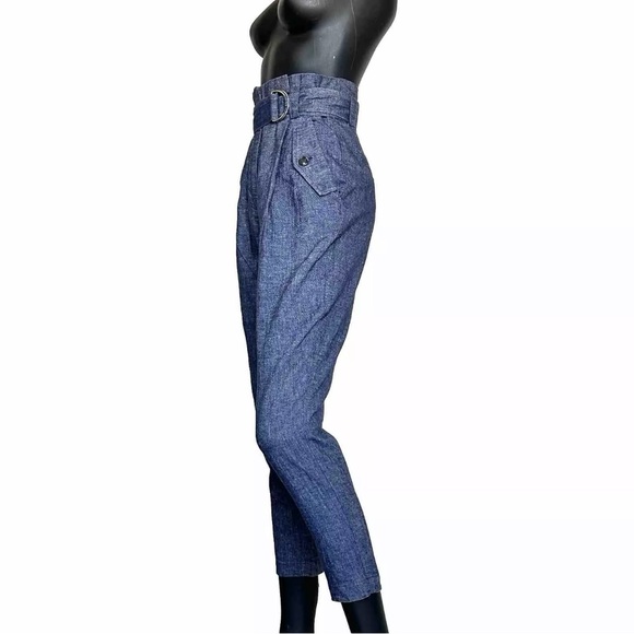 A.L.C. Pant High Waist Belt 0/2 Indigo Blue Chambray Italian Linen Tapered Ankle - Picture 7 of 15